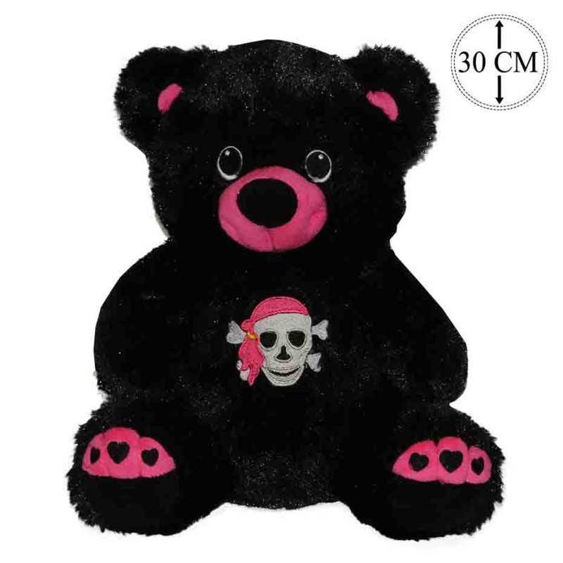 Peluche Ours Rose et Noir Brodé Tête de Mort 30cm