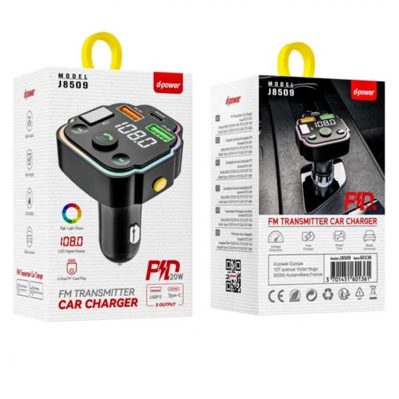 Transmetteur FM Bluetooth & Chargeur Voiture d-power J8509 20W 2x USB + USB-C Noir