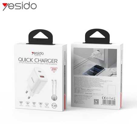 Chargeur Secteur Multi Yesido YC106 USB + USB-C 20W avec Câble USB-C vers USB-C Blanc