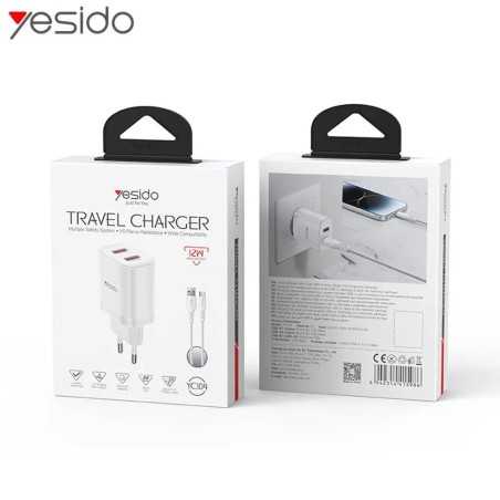 Chargeur Secteur Multi Yesido 12W YC104 2x USB-A avec Câble USB-A vers USB-C Blanc