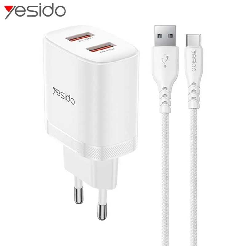 Chargeur Secteur Multi Yesido 12W YC104 2x USB-A avec Câble USB-A vers USB-C Blanc