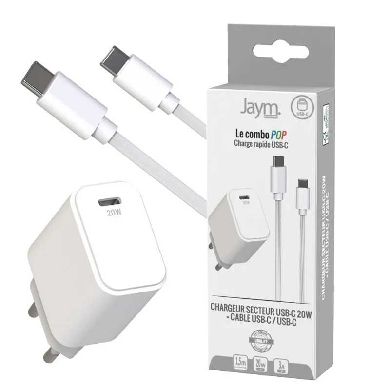 PACK CHARGEUR SECTEUR USB-C PD 20W + CABLE USB-C VERS USB-C 1.5M - JAYM