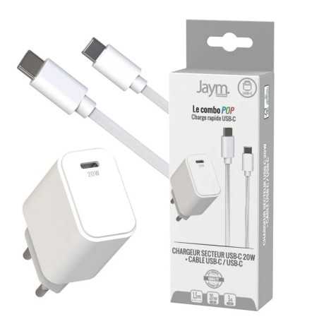 PACK CHARGEUR SECTEUR USB-C PD 20W + CABLE USB-C VERS USB-C 1.5M - JAYM