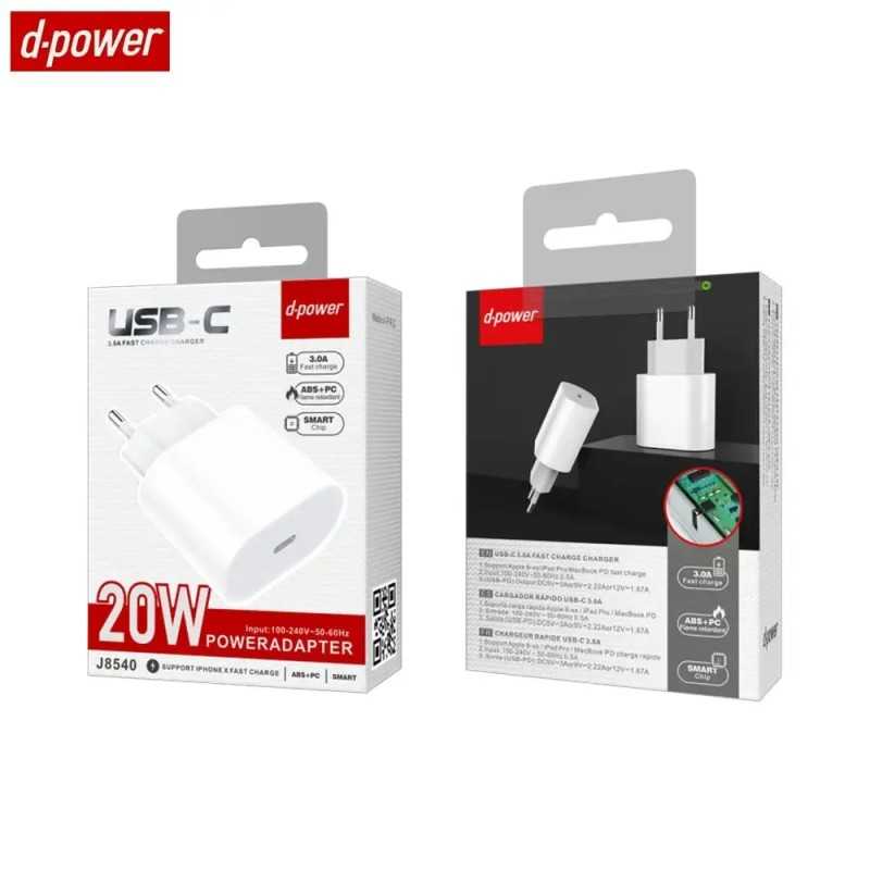 Chargeur Secteur USB-C d-power J8540 20W Blanc Chargeur Secteur USB-C d-power J8540 20W Blanc