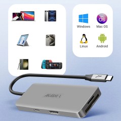 Akashi Hub USB-C 3x USB 1x HDMI 1x USB-C 1x 1 Entrée micro-SD / SD Compact Gris
