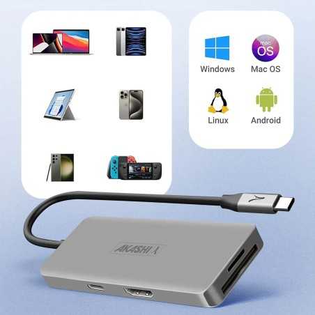 Akashi Hub USB-C 3x USB 1x HDMI 1x USB-C 1x 1 Entrée micro-SD / SD Compact Gris