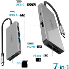 Akashi Hub USB-C 3x USB 1x HDMI 1x USB-C 1x 1 Entrée micro-SD / SD Compact Gris