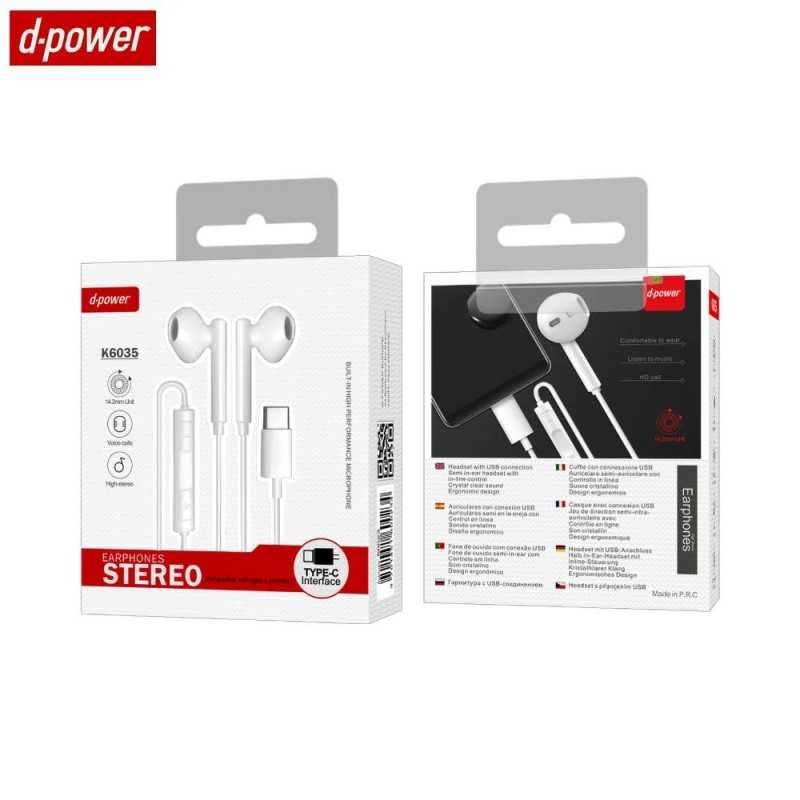Écouteurs Filaires USB-C d-power K6035 Blanc Écouteurs Filaires USB-C d-power K6035 Blanc
