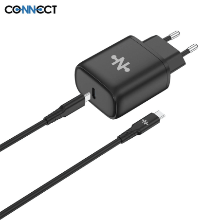 Chargeur Secteur USB-C CONNECT Charge Rapide 25W MC-CNC25W2 avec Câble Data USB-C vers USB-C MC-CCN12 (1m) Noir