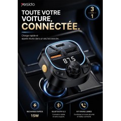 Transmetteur FM Bluetooth & Chargeur Voiture Yesido Y70 15W Noir